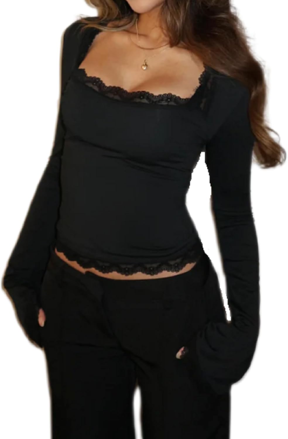 Women Square Neck Lace Long Sleeve Top Y2k Lace Trim Slim Fit Basic Blouse Casual Fall Going Out Trendy Shirts