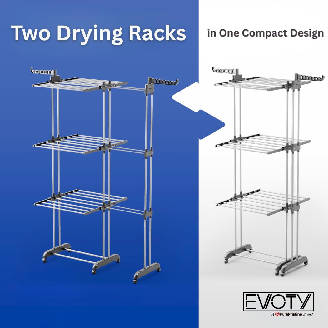 Evoty Turmwäscheständer mit Rollen 2in1 Klappbar, Ausziehbar & Platzsparend, Wäscheturm, Wäscheständer Turm Hoch, Clothes Drying Rack, 4 Etagen & inklusive 2 Socken- Unterwäschehalter - Image 2