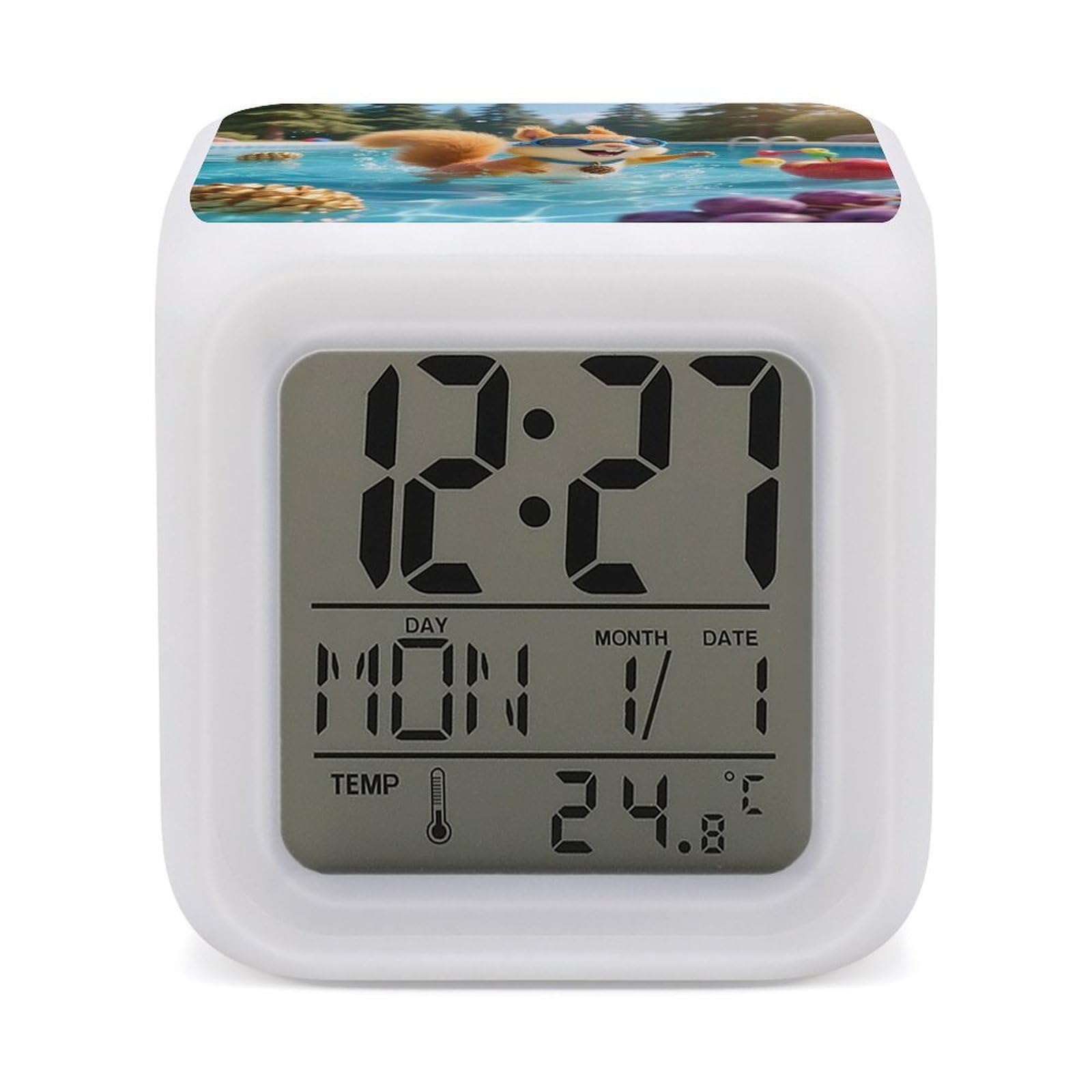 VstaDank Squirrel Pool Joy Alarm Clock with Date Temperature Large LED Display Number Clocks with 7 Colors Changing Desk Clock Battery Operated Digital Clocks with Date for Heavy Sleepers