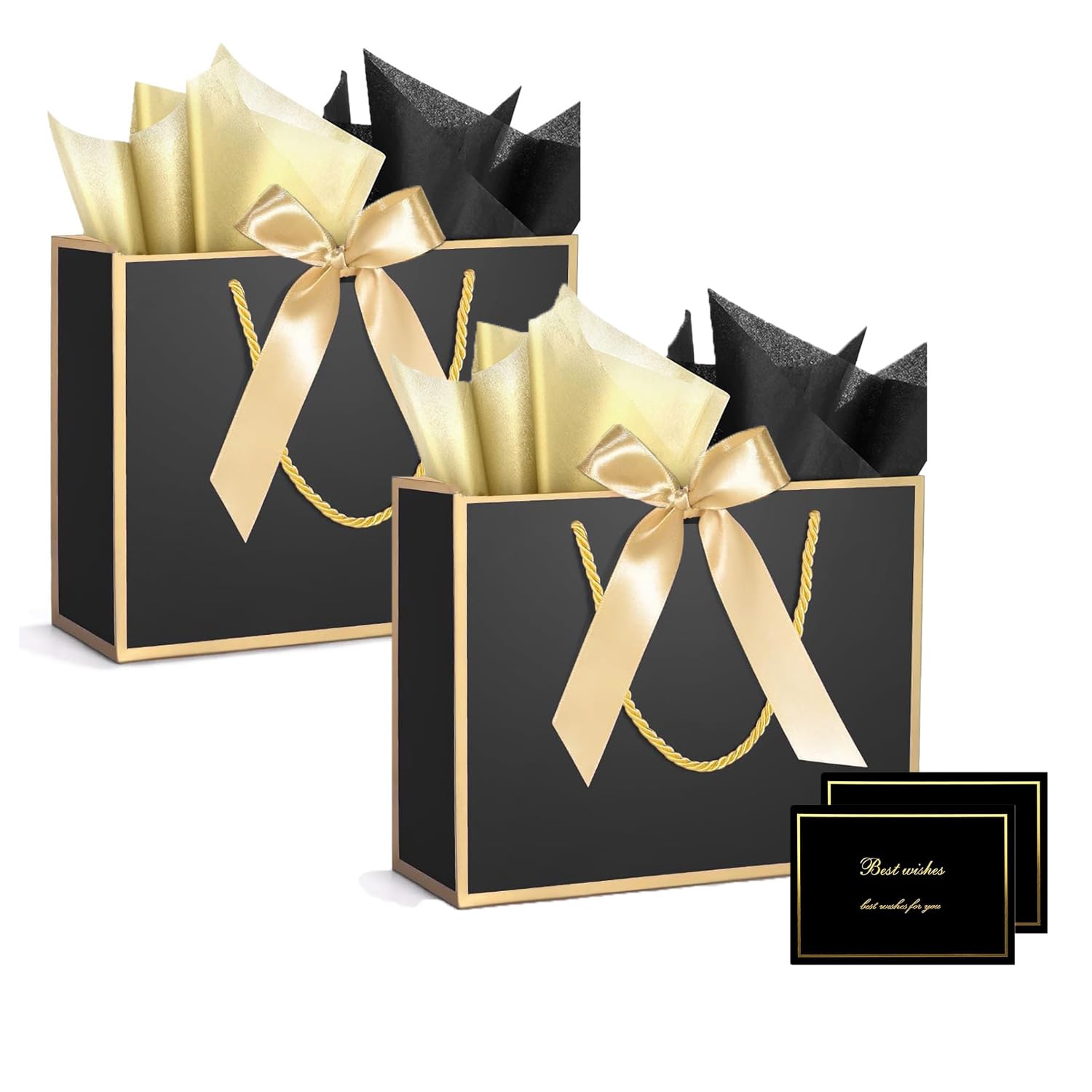 2 Pcs Medium Gift Bags with Tissue Paper and Greeting Cards for Present, Paper Gift Bags with Handles and Bow Ribbon for Wedding Birthday Baby Shower Bridesmaid Party (Black, Gold, 2 Pack)