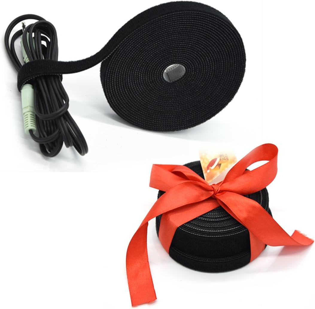 Patu Reusable Multi-Purpose Fastening Tape Cable Ties - 2 Rolls (5 Yards x 0.5" & 5 Yards x 1") Hook and Loop Cord Management Wire Organizer Straps, Black
