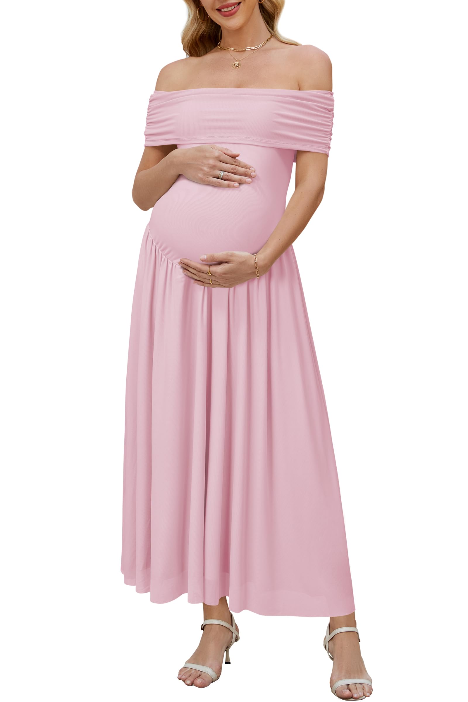 Photo 1 of OUGES Women's 2026 Summer Spring Off The Shoulder Mesh Maxi Maternity Baby Shower Dresses for Photoshoot Party Wedding Guest Sleeveless Pleated Formal Long Flowy Pregnancy Must Have Clothes(Pink,XXL)