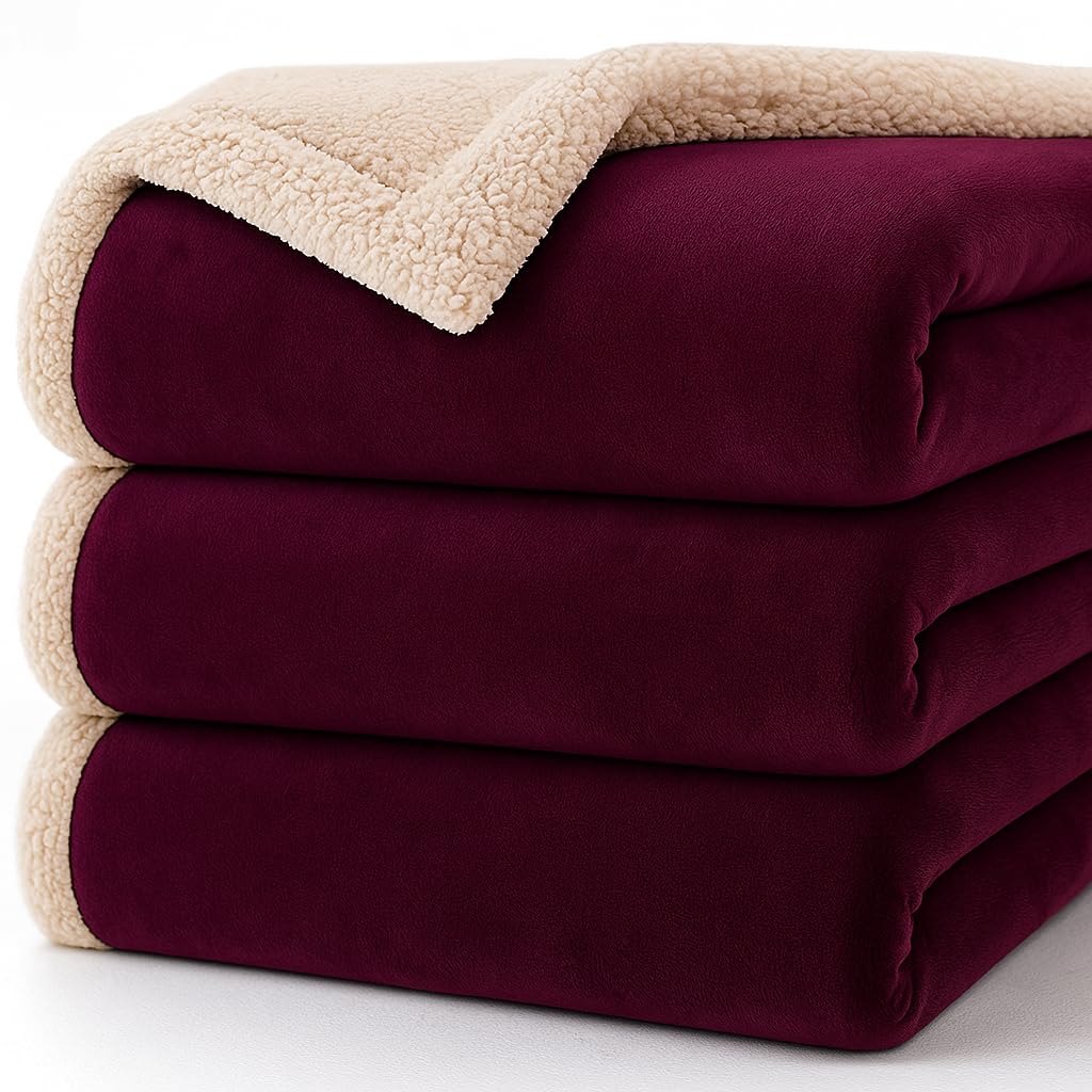 BSB HOME Ultra-Soft Sherpa Blanket - Maroon & Beige -1