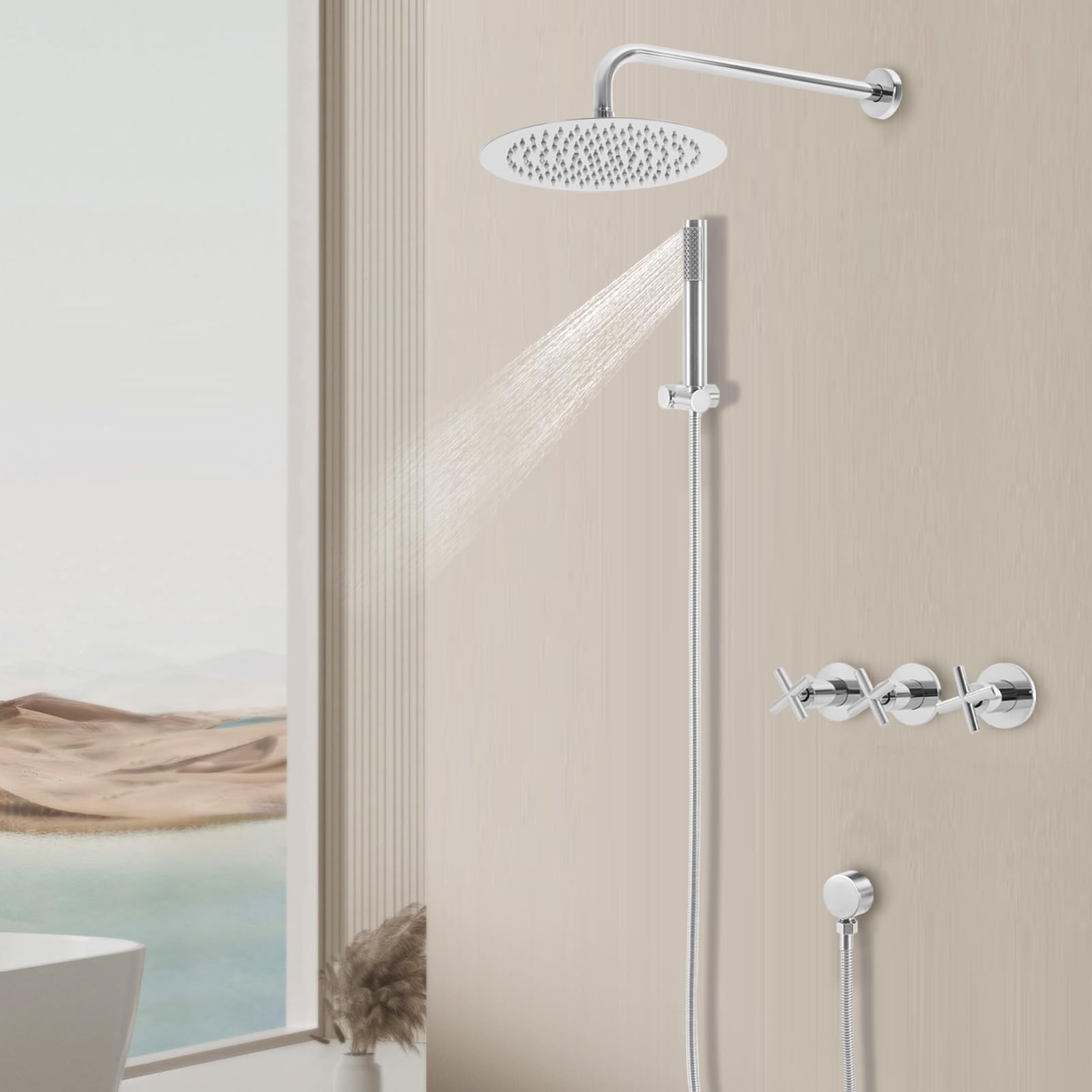 Alcachofa de ducha con manguera, barra de ducha, montaje en pared, galvanizado, 10 pulgadas, para baños, casas, hoteles, casas de huéspedes, apartamentos, etc.