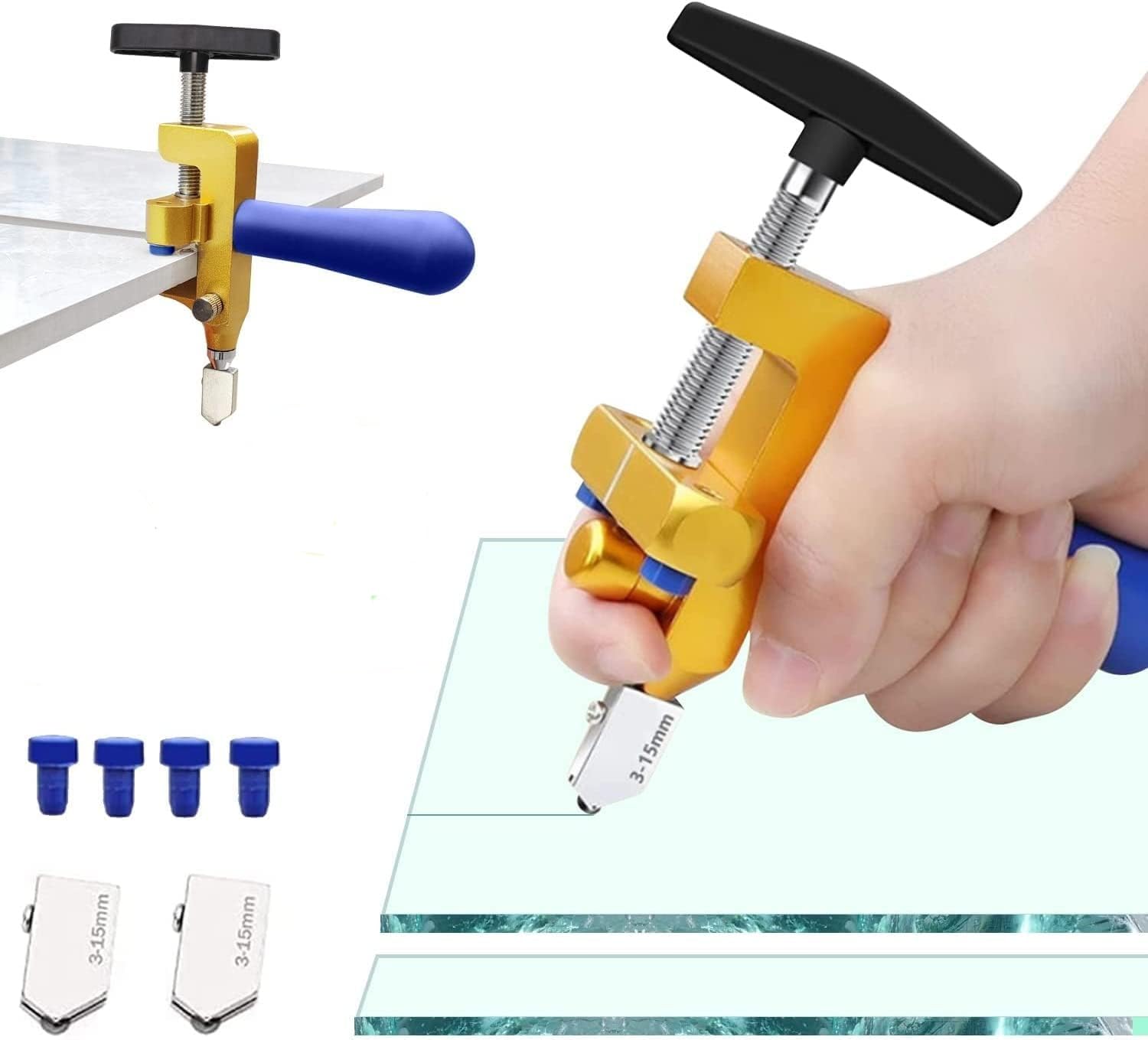 Tagliapiastrelle manuale, tagliavetro, utensile da taglio 2 in 1 con 3 lame in acciaio al tungsteno, 8 piedini di contatto per il fai da te di vetri per finestre, specchi, piastrelle e piastrelle smal