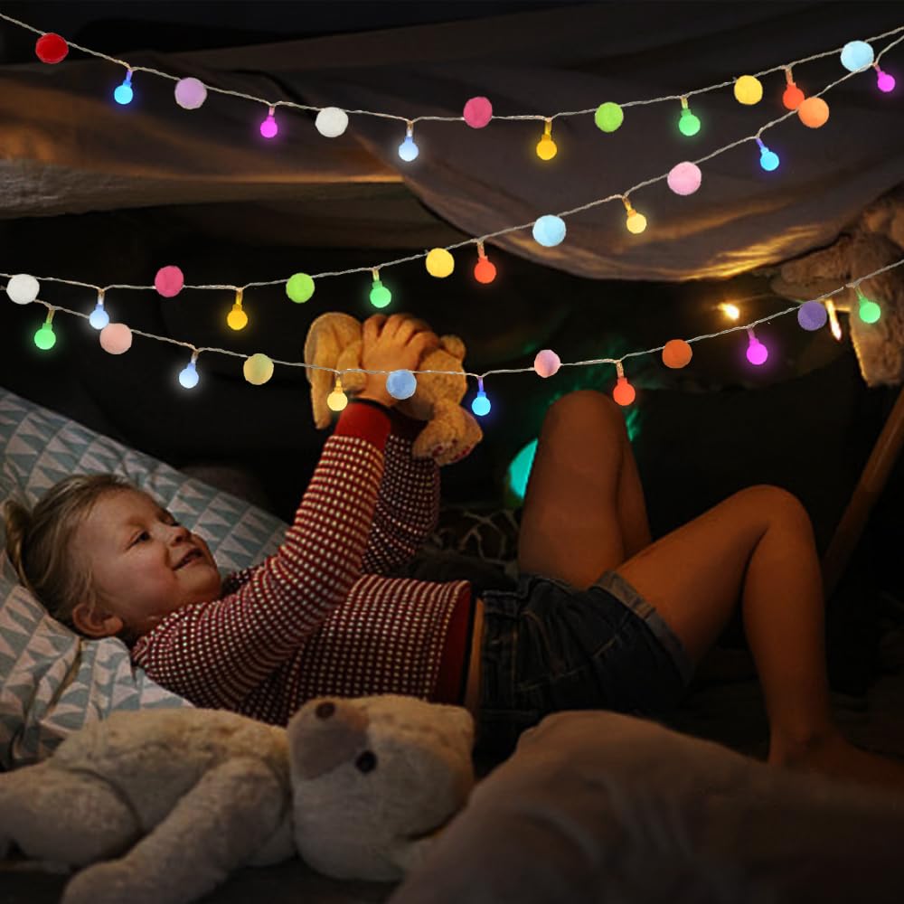 ChiRee Guirlande lumineuse de 2,5 m avec 20 pompons mignons, 20 boules colorées à DEL – Guirlande lumineuse d'intérieur à piles avec minuterie pour la maison, la chambre à coucher, la maison de jeu