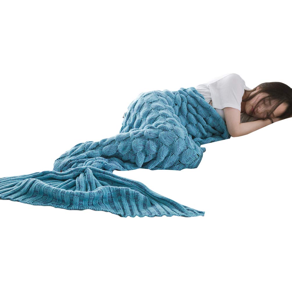 PengGengA Mermaid Tail Blanket Fish Scale Pattern Extra Soft Microfibre Blanket Adults All Seasons Warm Sleeping Bag Crochet Mermaid Blanket Birthday Presents for Women (Blue, 195 * 90CM)