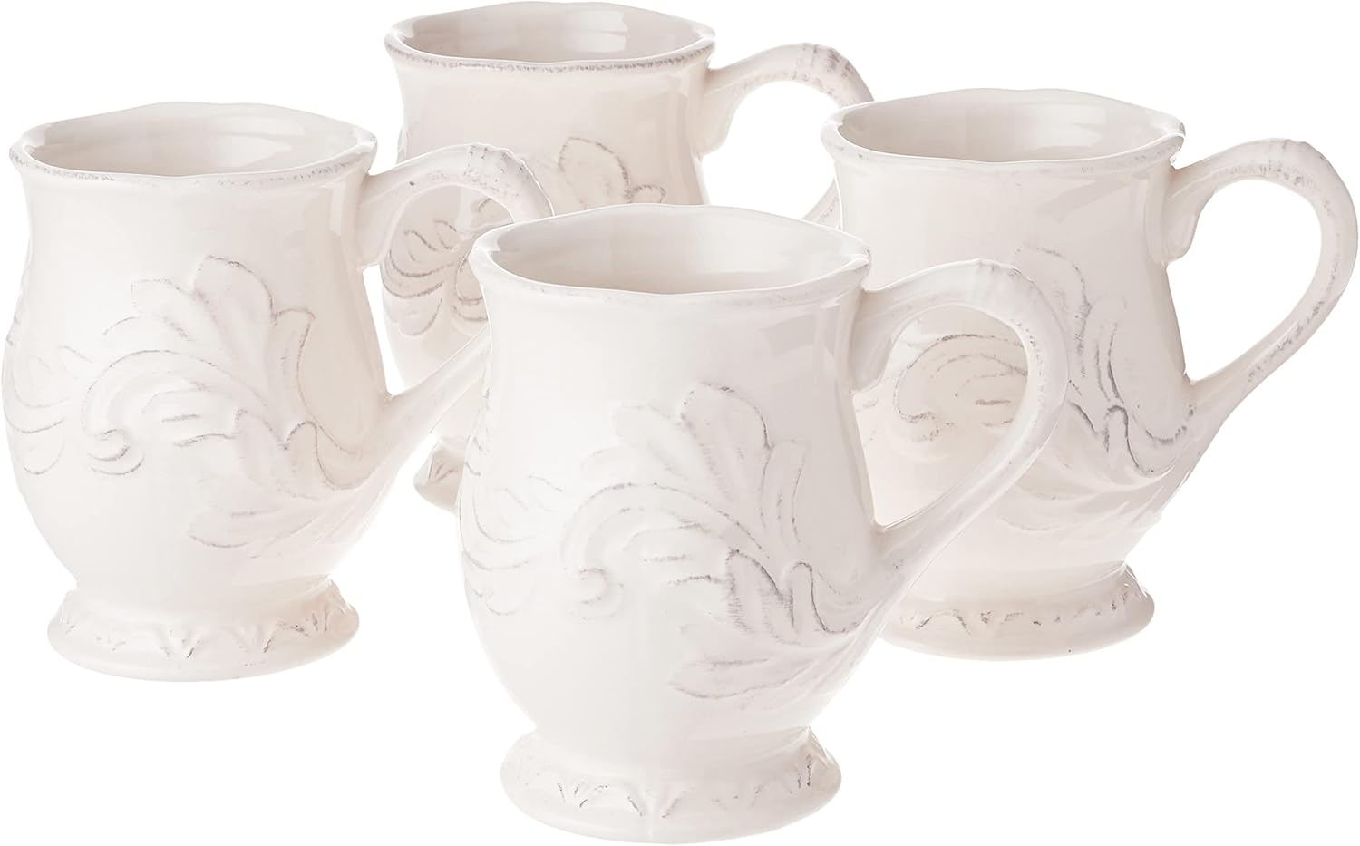 Firenze Ivory 16 oz Pedestal Ceramic Mugs, Set of 4 – Vintage-Inspired Embossed Drinkware with Easy Grip Handle – Elegant White Coffee and Tea Cups for Everyday or Entertaining