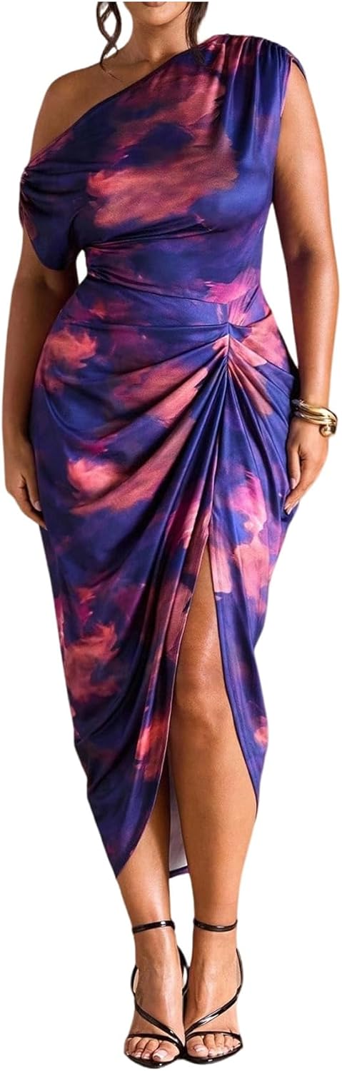 Floerns Women's Plus Size Asymmetrical Neck Long Dress Ruched Slit Hem Cocktail Dress