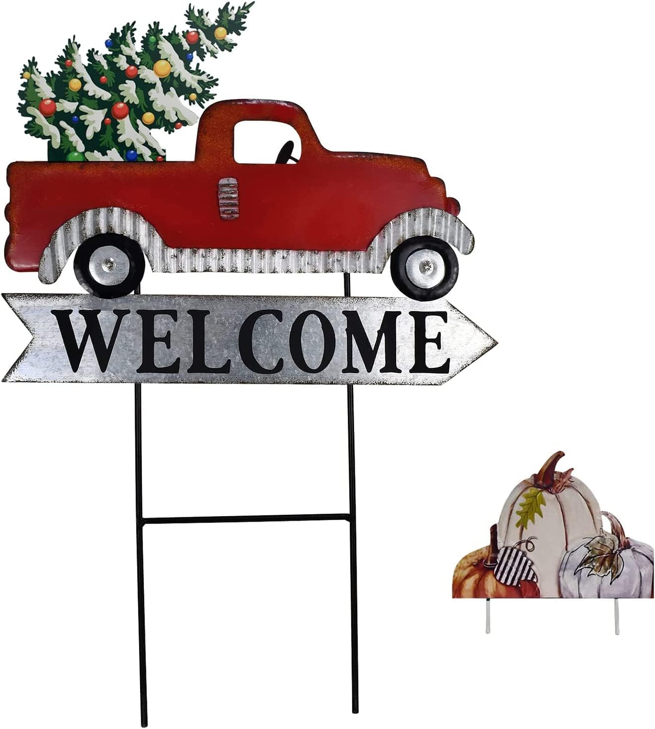 Linfevisi Christmas Decor Red Truck Yard Sign Stakes Metal Pickup Truck Garden Stake Interchangeable Xmas Tree Pumpkin Seasonal Yard Art Lawn Ornaments Fall Thanksgiving Holiday Winter 24 Inch