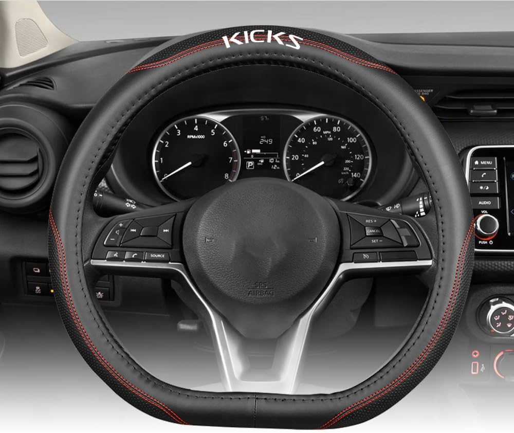 Custom Interior Accessories for Nissan Kicks 2018 2019 2020 2021 2022 2023 2024 2025 2026 Steering Wheel Covers Leather Sporty Racing Faux Comfortable Handle 1Pcs/Set(Red Stitching)