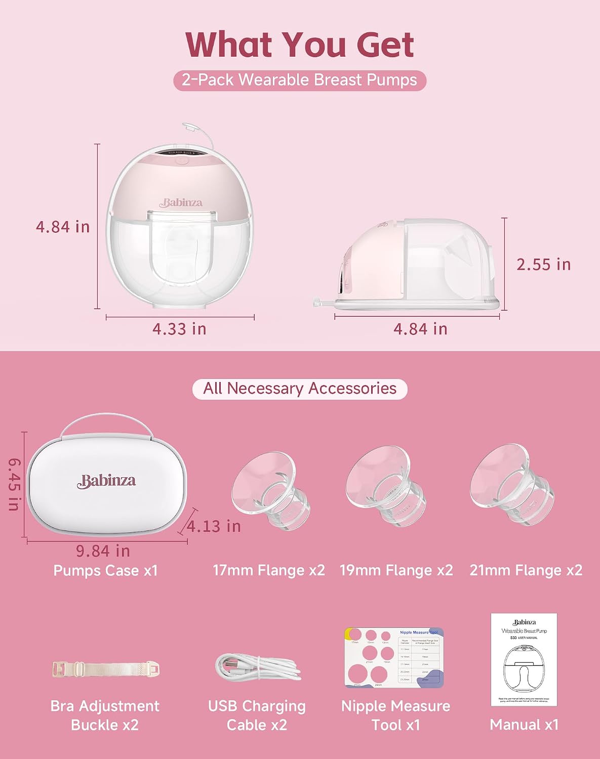 Wearable Breast Pump,Hands Free Upgraded Mobile Flow | S33, App Discreet Control with 3 Modes & 15 Levels, Portable Electric Breast Pump with 17/19/21/24MM Flange, Leak-Proof Design (2 Pack, Pink)