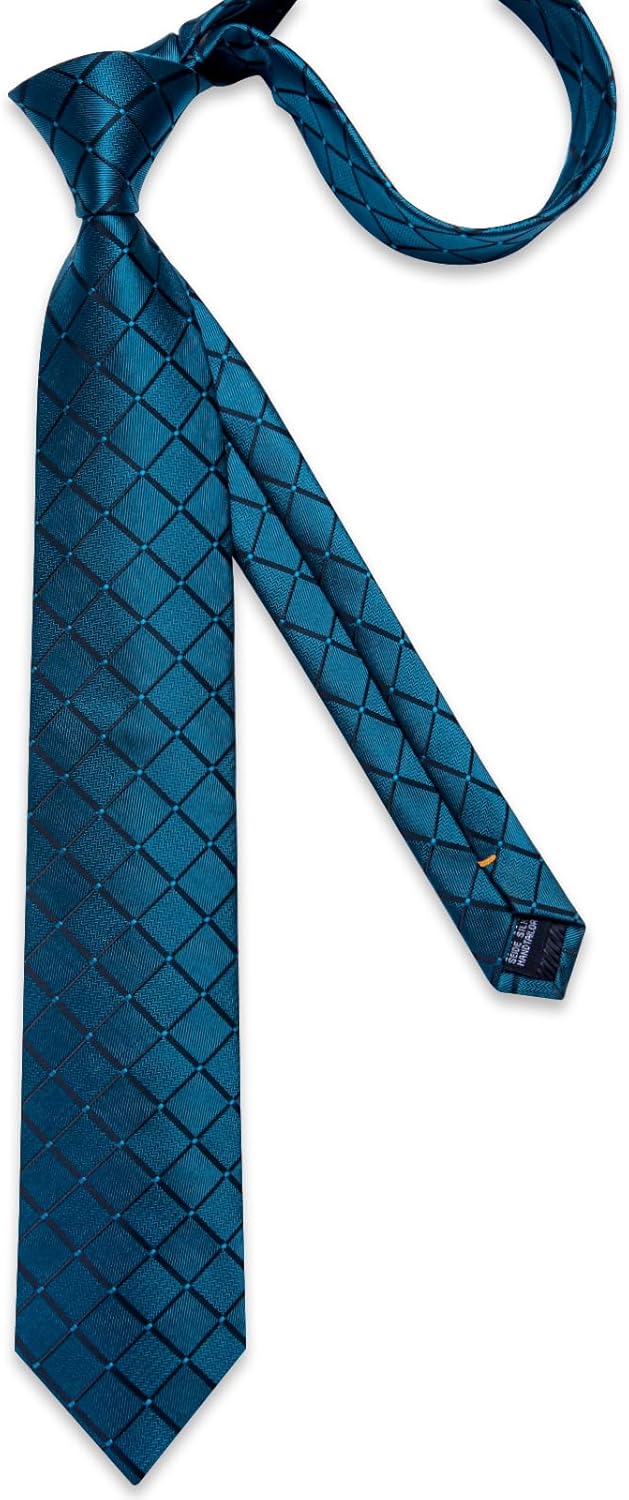 DiBanGu Silk Ties for Men Formal Plaid Check Necktie and Pocket Square Cufflinks Tie Clip Set Wedding Necktie with Gift Box - Image 4