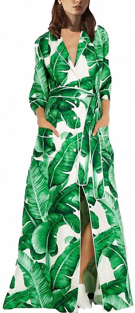 JJHDQ Green Banana Leaves Printed Loose Long Dress Maxi Dress