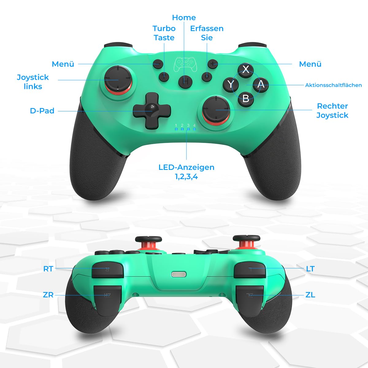 NK Wireless Switch Controller, kompatibel mit Switch/OLED/Lite/Pro, mit Wake-Funktion, Makro-Einstellungen, Bluetooth, 6-Achsen-Sensor, Turbo, Dual Shock, LED-Anzeigen, Farbe Schwarz-Blau