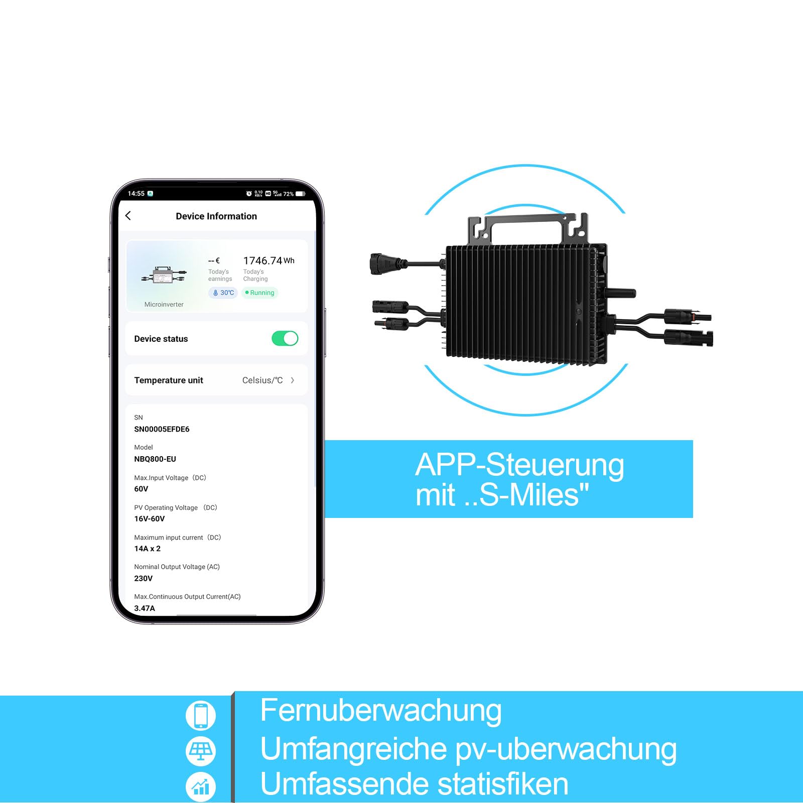 Mikro Wechselrichter 1000w-2MPPT，Wechselrichter für balkonkraftwerk mit WLAN,IP67 wasserdicht，mit 5m AC Kabel für Solar Inverter,App Steuerung,Plug Play