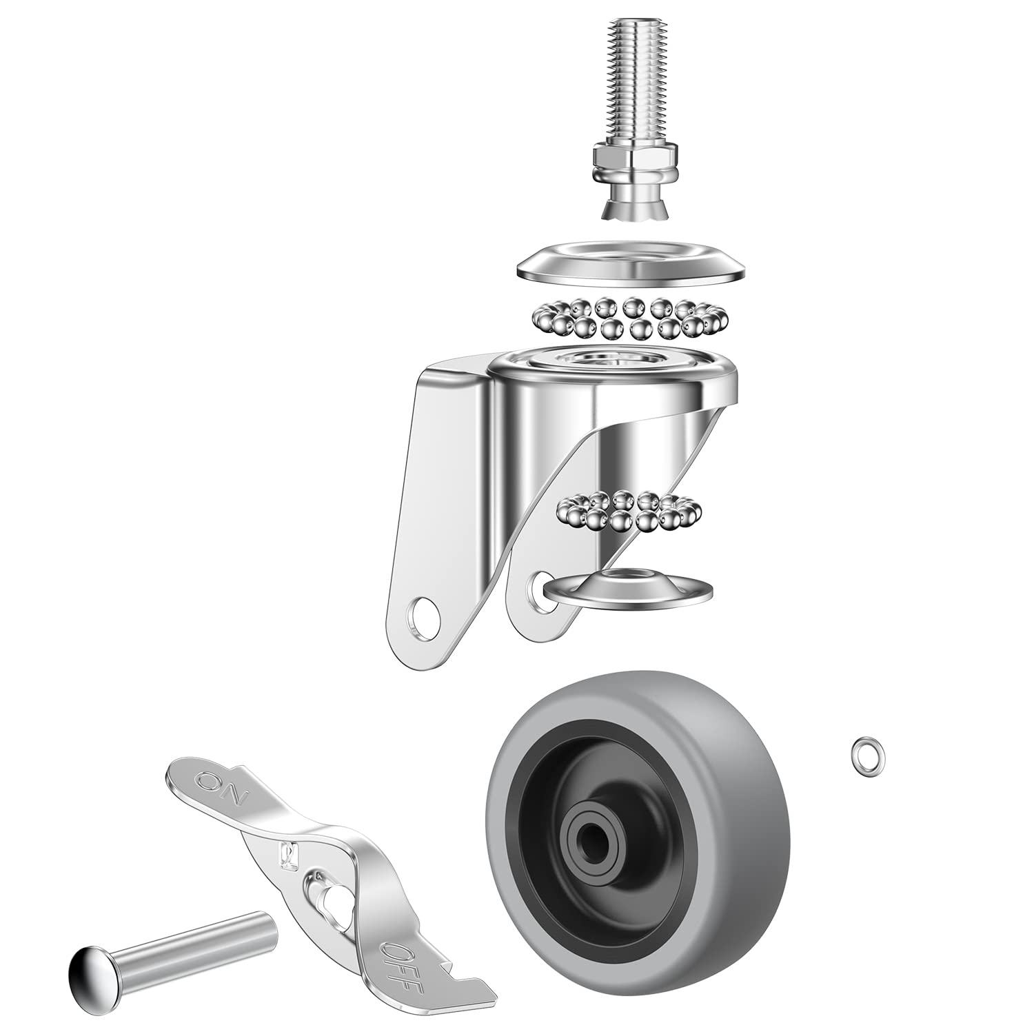 DICASAL 2 Inch Stem Casters With Imperial 5/16-18x1 Inch(Stem Diameter 5/16 Length 1 Inch) Heavy Duty And Highly-Elastic TPR Wheels Mute Castors With Side Brakes Pack Of 4