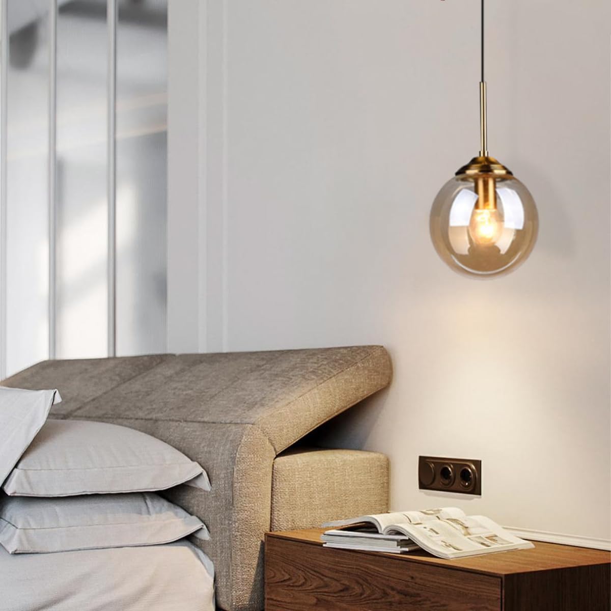 Luminaire Suspension Vintage Industriel Lustre en Verre Boule E27 Lampe de Plafond Moderne Suspendue pour Salon Chambre Salle à Manger Café(Ambre)
