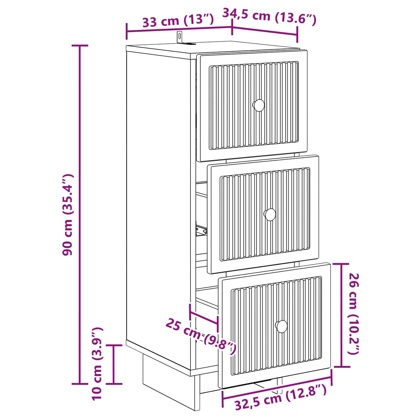 Cassettiera in rovere affumicato, 33 x 34,5 x 90 cm, armadietto, credenza, cassettiera multiuso, per ufficio, soggiorno, camera da letto