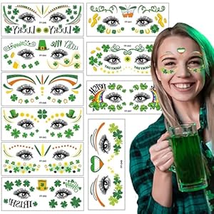 10 Sheets St Patricks Day Tattoos for Kids Adult Eyes Face makeup Waterproof Shamrock Clover Temporary Body Stickers Gifts Saint Patricks Day Decorations Irish Parade Party Supplies Favors