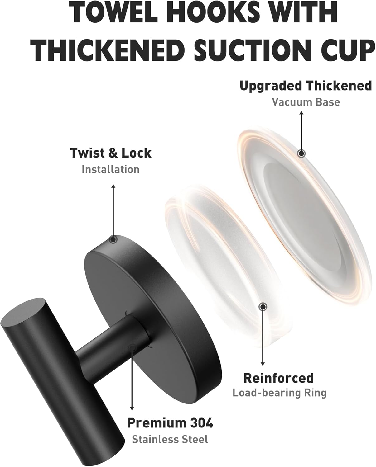 MOTAIPEAK Suction Cup Hooks for Shower, Shower Hooks for Inside Shower, No Drill Towel Hooks for Bathroom, Removable Suction Hooks for Glass, Mirror, Tile, Waterproof, Rustproof – Black (4 Pack)