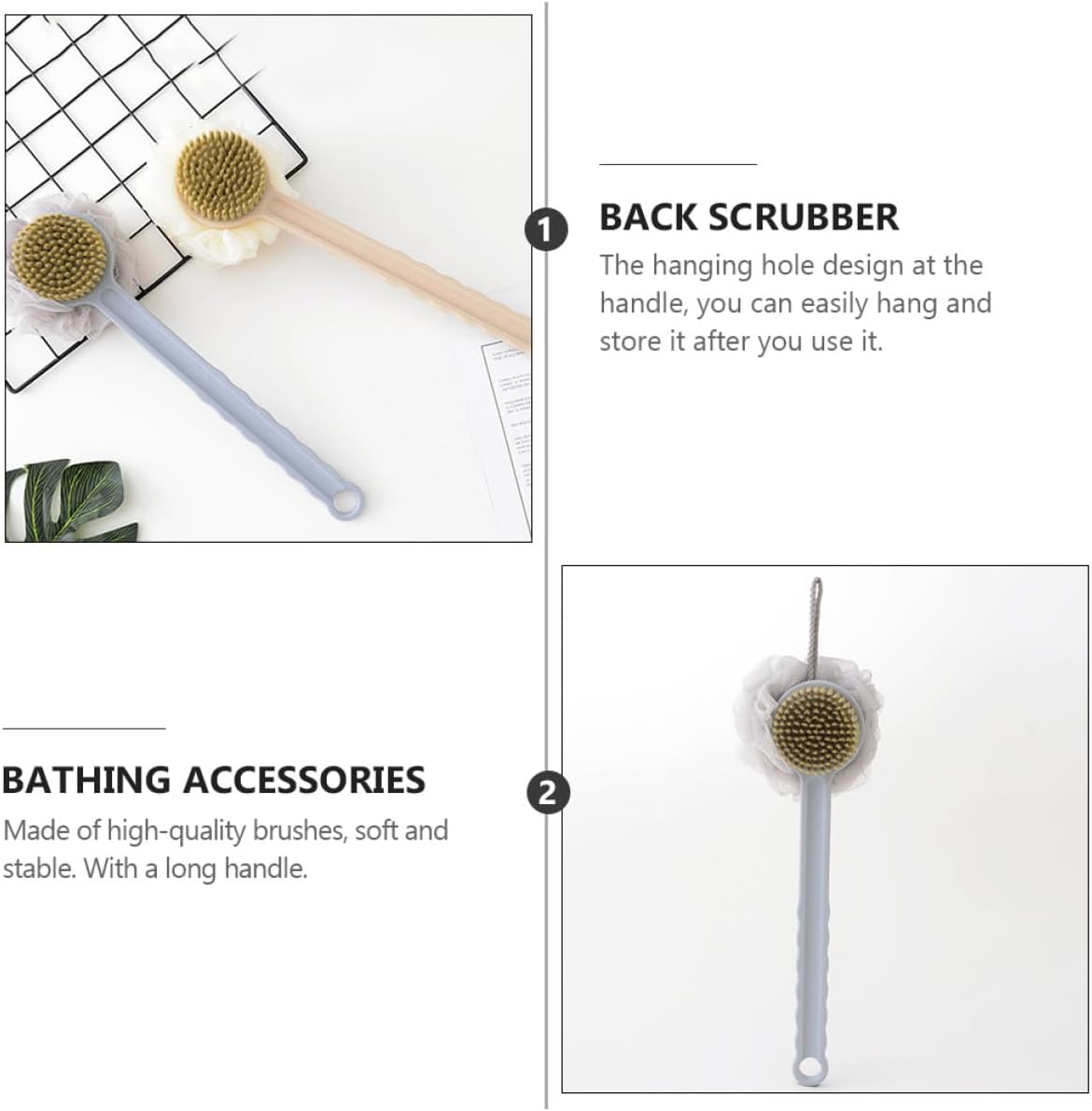 Long Handle Double-Sided Bath Brush Nordic Gray Back Massage Scrubber Unisex Bathing Accessory for Shower and Body Cleaning