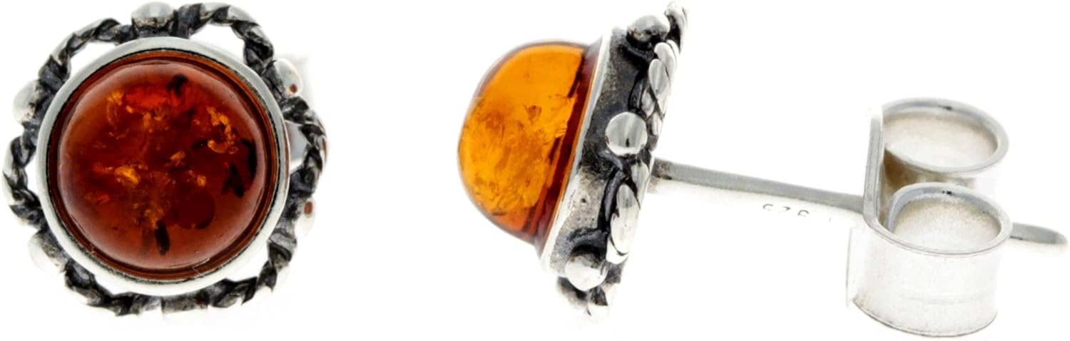 SilverAmber Jewellery - Classic Genuine Baltic Amber 925 Sterling Silver Antique Look Bloom Button Ball Studs Round Earrings 5940