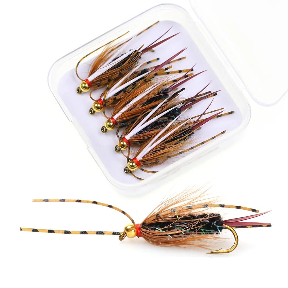 10pcs #6 Brass Bead Head Rubber Legs Prince Nymph Fast Sinking Wet Nymphs Stonefly Trout Salmon Steelhead Fishing Lures Angler Gift