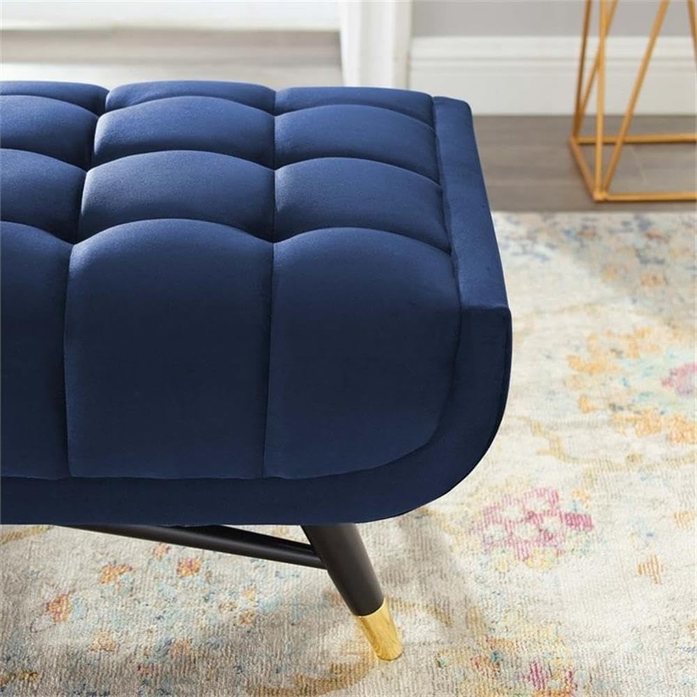 Pemberly Row Modern Performance Velvet Tufted Bench, 17.5" H x 60" W, Midnight Blue Upholstery, Dense Foam Padding, Gold Metal End Caps, Splayed Black Birchwood Frame, Living Room Seating or Accent