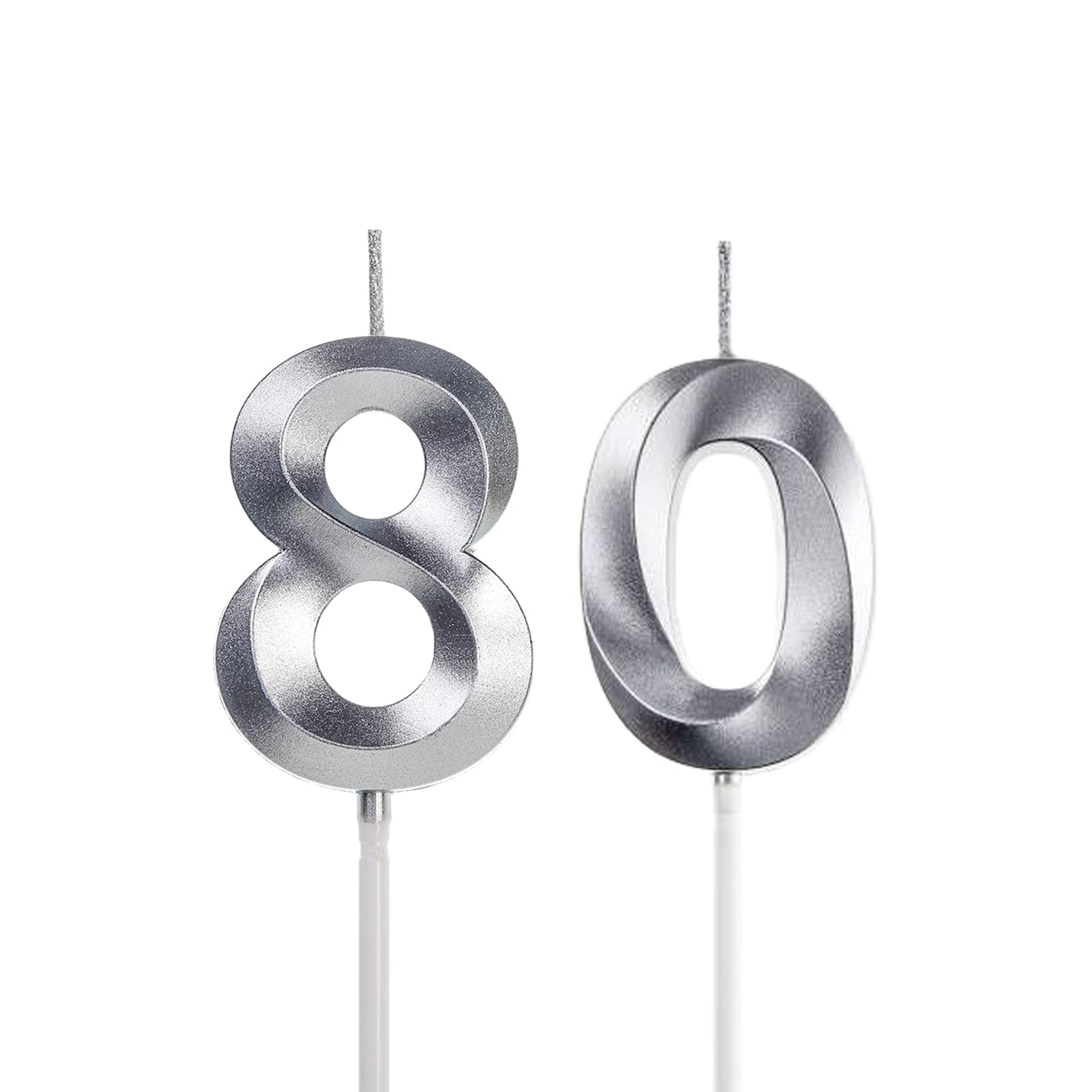 Silver 80th Birthday Candles, Number 80 Cake Topper for Birthday Decorations Party Decoration