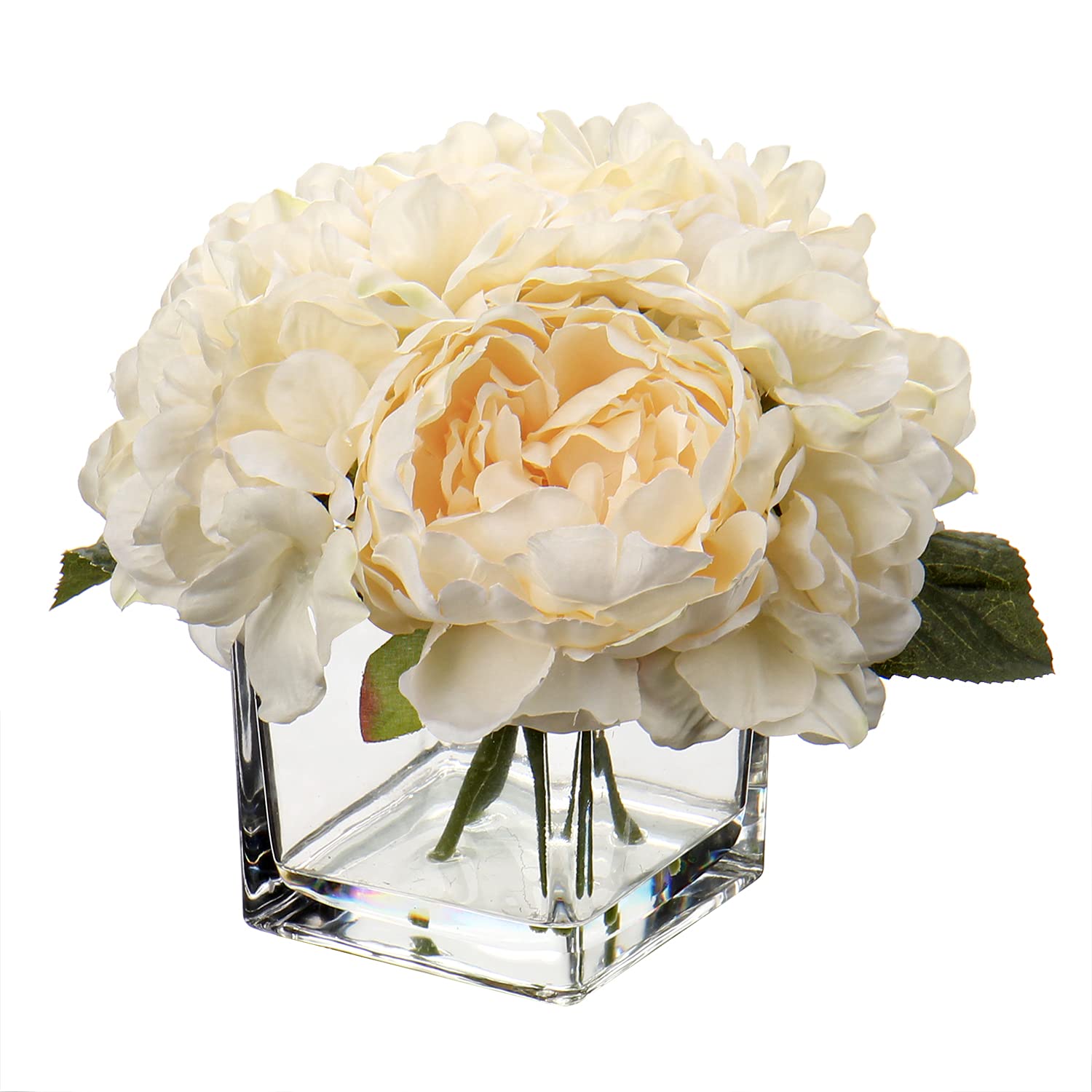 DILATATAGARHOO Silk Flowers in Vase with Faux Water Artificial Peony Hydrangea Flowers for Farmhouse Decor Wedding Home Kitchen Decoration- Cream Flowers Cream Decor