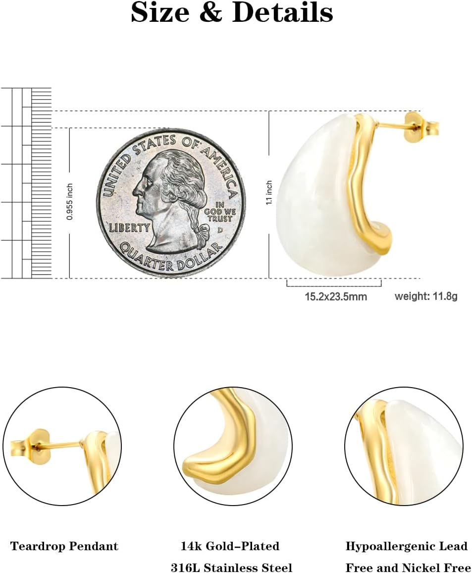 Teardrop Earrings for Women, 14K Gold Plated Chunky Hoop Earrings with Resin Acrylic Translucent Drop, Hypoallergenic Lightweight Hollow Vintage Fashion Jewelry Gifts for Formal Wedding Boho Elegant Style - Image 5