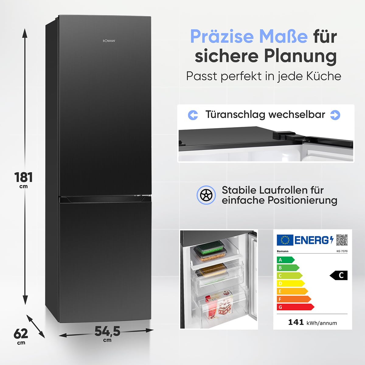 Bomann® Kühlschrank mit Gefrierfach | Energieklasse C | 181cm | NoFrost | 5 Jahre Kompressor-Garantie | Kühl Gefrierkombination No-Frost | Kühlgefrierkombination freistehend | KG 7370 schwarz