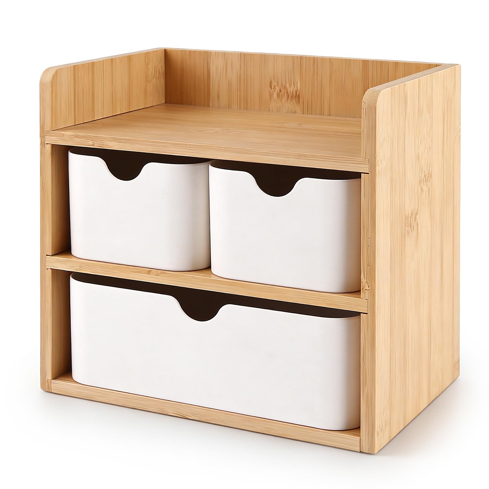 Make-Up Organizer Holz mit 3 Schubladen: 20 x 14 x 19 cm Bambus & MDF Holz Aufbewahrungsbox mit Schubladen, Mini Schubladenbox für Büro Zuhause Schule (Weiß/Natur)