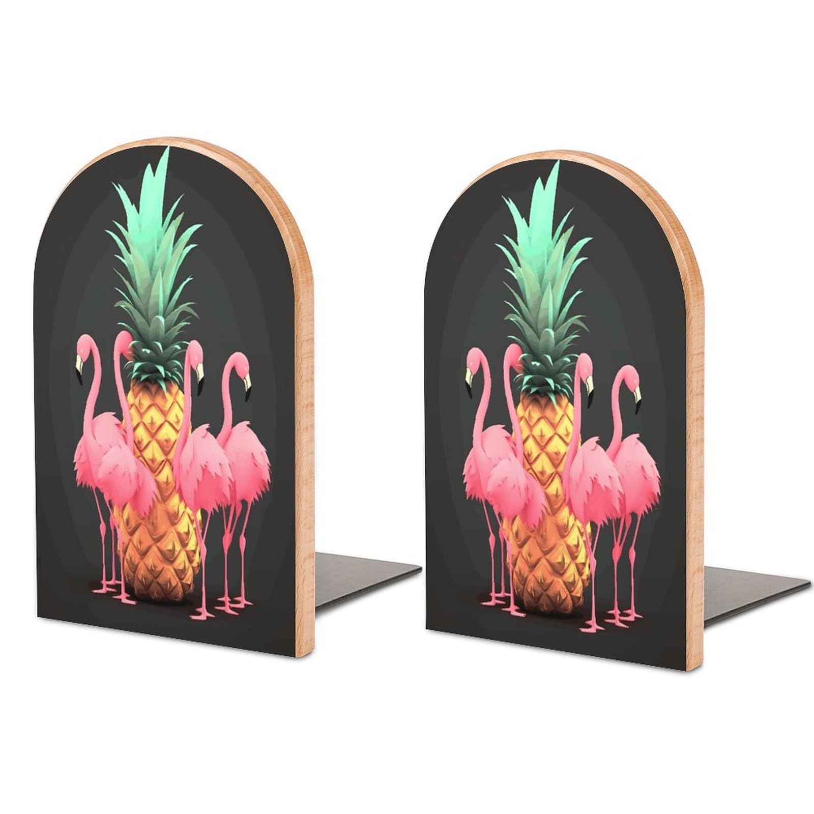 Pineapple Flamingos Bookends Modern Bookends for Shelves Fashion Heavy Duty Book Stopper Sturdy Non-Skid Metal Base Wood Book Ends for Library Home Office 1 Pair