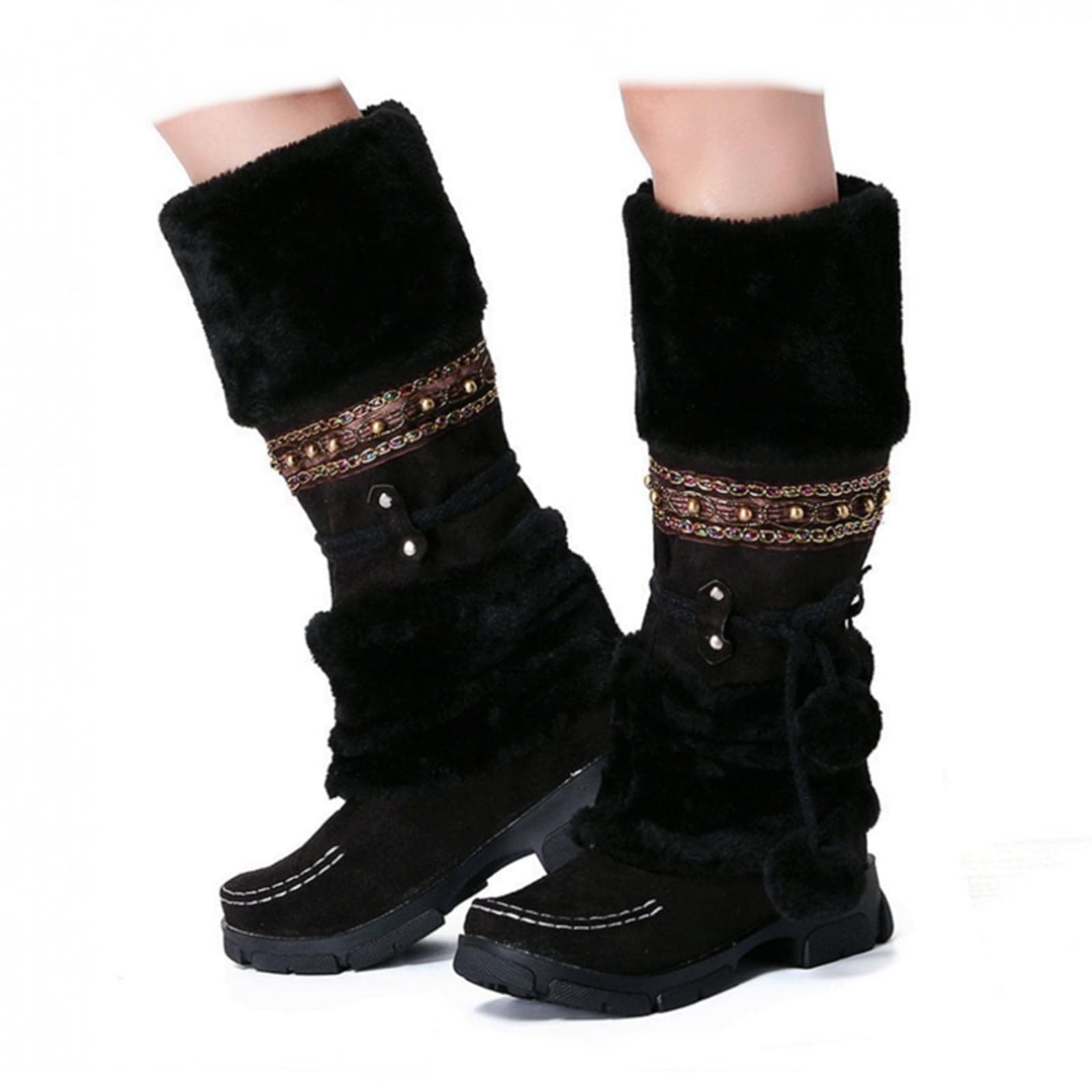 Womens Mid Calf Snow Boots Winter Faux Furry Fur Lined Warm Knight Boots Round Toe Low Heel Knee High Boots for Women