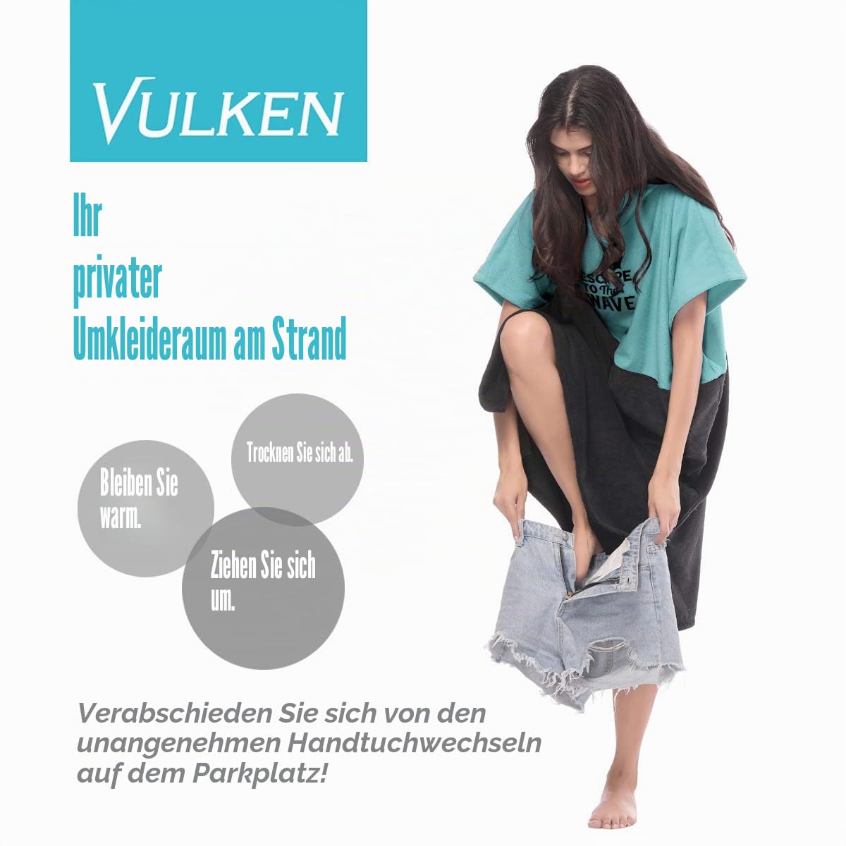 Vulken Strandtuch mit Kapuze, extra groß, Blaugrün, dick, Strandtuch, Wickelmantel, Surf-Poncho, Herren, für einfaches Umziehen in der Öffentlichkeit, schnelltrocknend, Wasserpark, L/XL