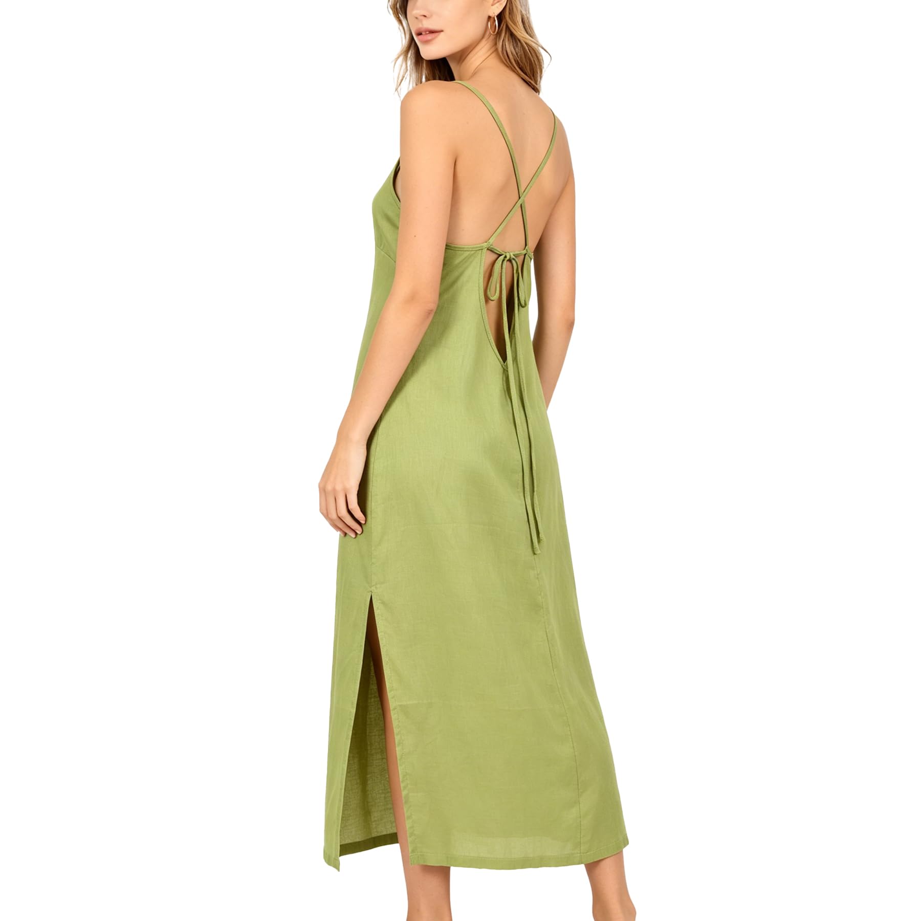 Amazhiyu Vestido de verano para mujer, vestido largo de lino, vestido largo de verano, vestido maxi, vestido de flores, tirantes delgados, sin mangas, cuello redondo, vestido de playa, vestido de