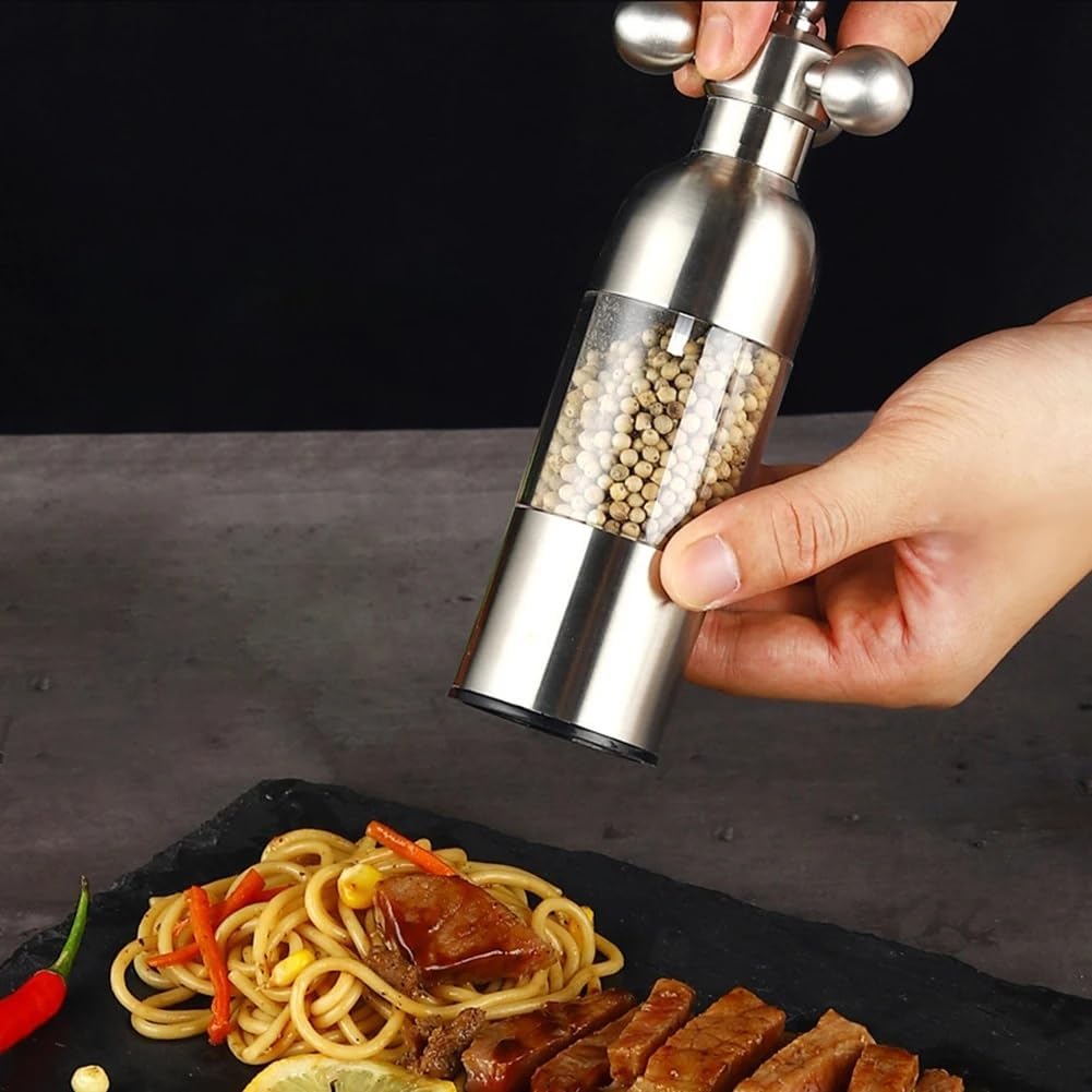 304 Stainless Steel Manual Spice Grinder with Adjustable Coarseness, Clear Body Pepper and Salt Mill for Kitchen and BBQ, Lever Handle Design(Silver)