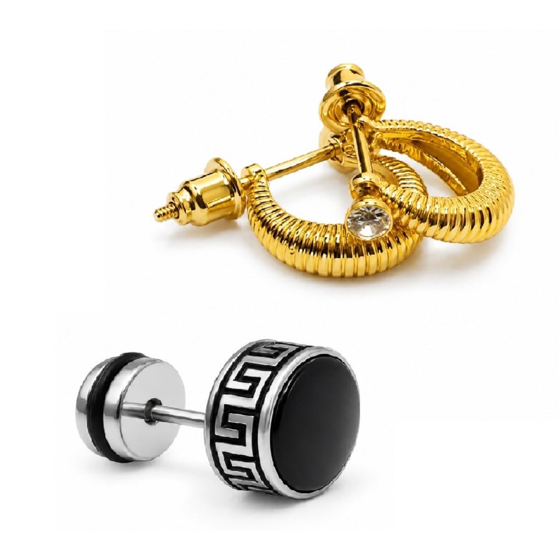 Combo of Men Silver Round Black Stud & Golden Shell Stylish Bali Pair Ear Earrings, Premium Finish, Daily Wear-image-24