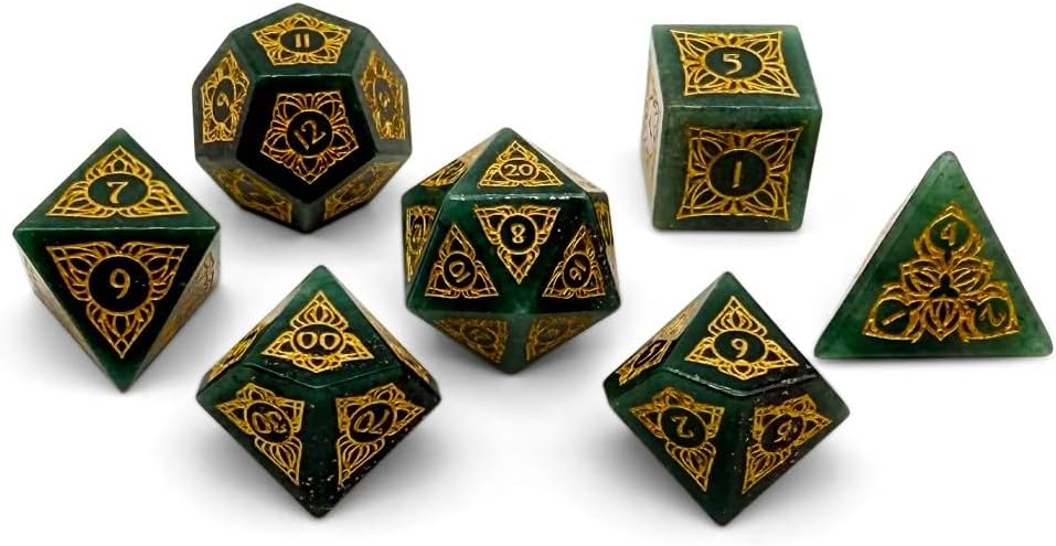 Norse Foundry Sylvan Weaver Green Aventurine Gemstone Dice Set - 7-Piece RPG Polyhedral Dice Designed by Yaniir - Natural Green Crystal Dice with Yellow Number Fill, Includes Windowed Tuckbox