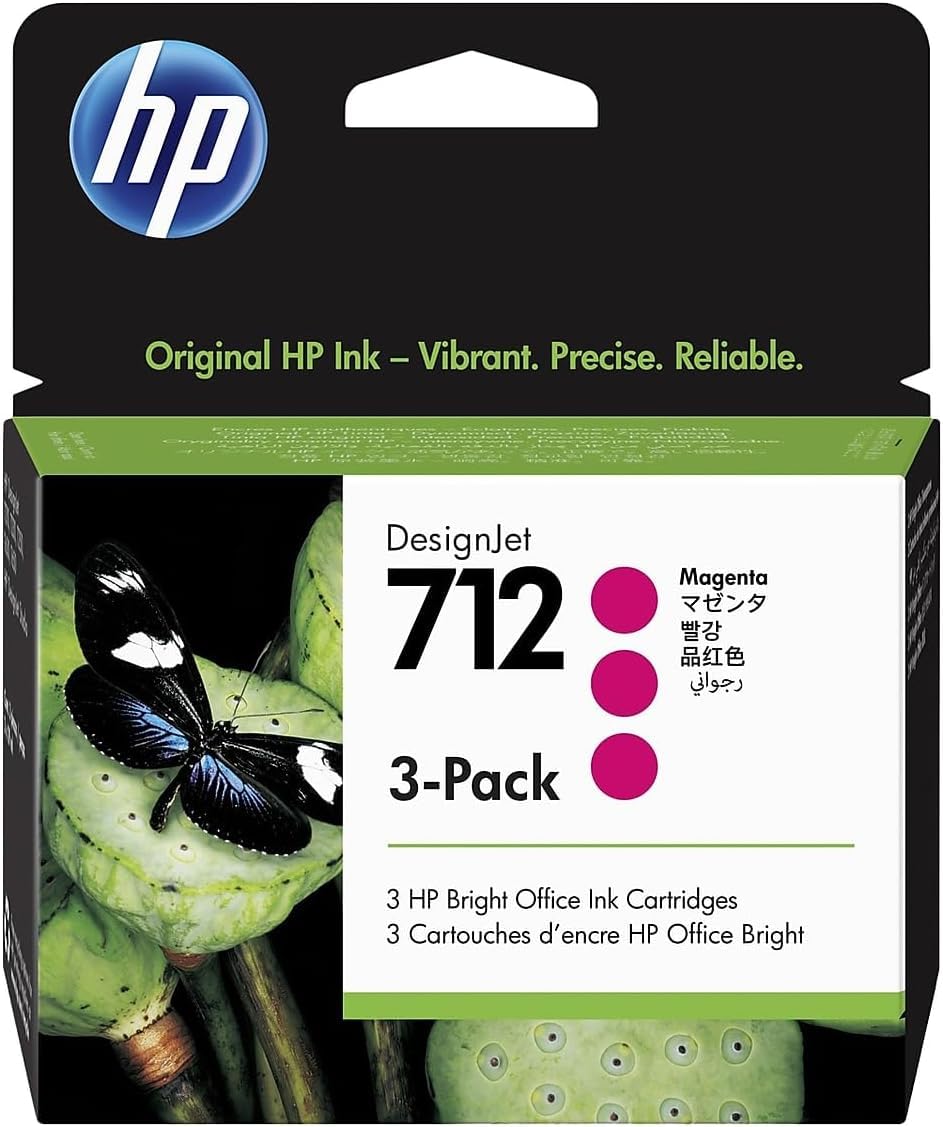 HP 712 Magenta, 3 Cartuchos de Tinta Originales | Compatible con las impresoras plotter de gran formato DesignJet T650, T630, T250, T230 (3ED78A)