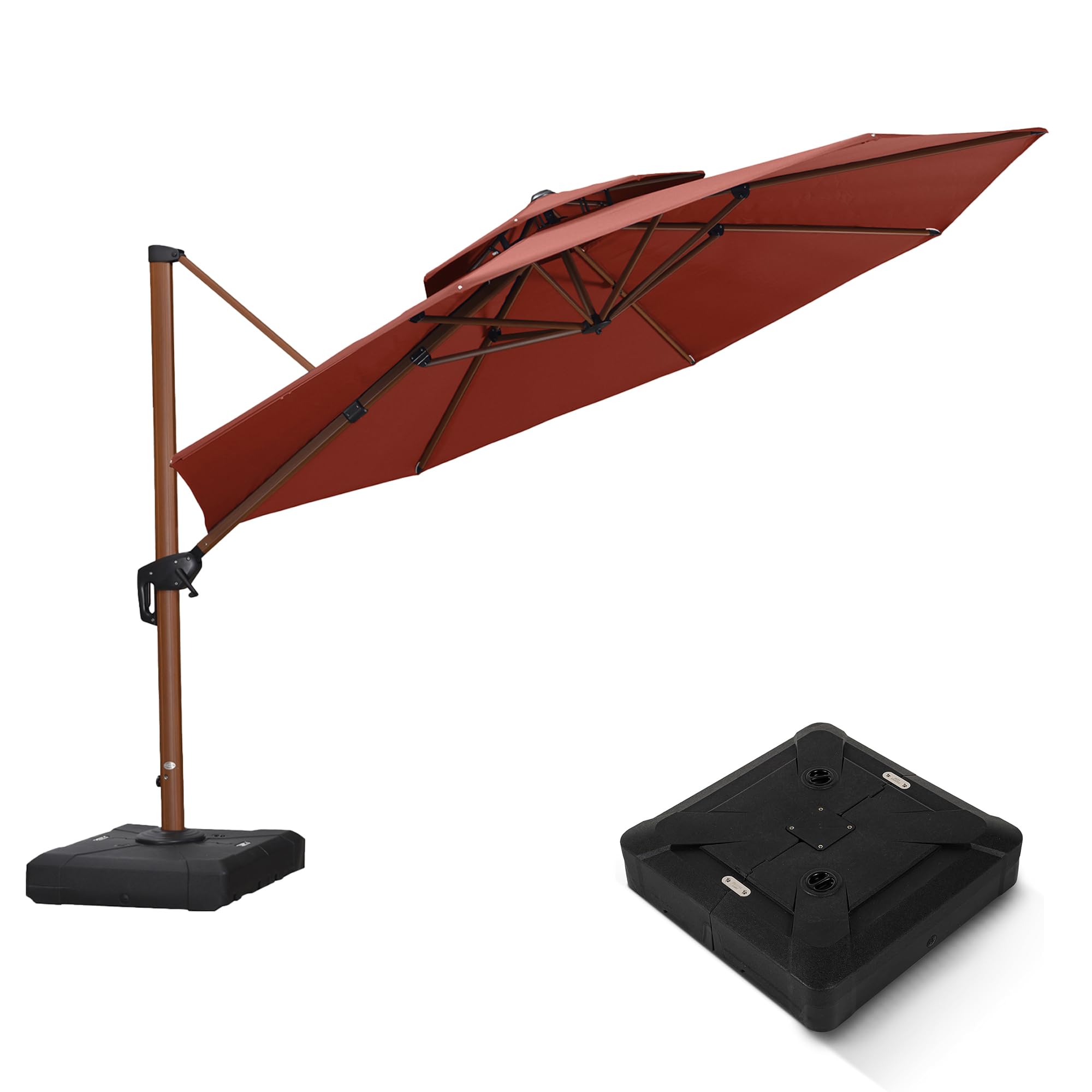 PURPLE LEAF Holzoptik Sonnenschirm Doppeldach Ampelschirm mit Kurbel Kippbar 360° Drehbar UV 50+ Gartenschirm Groß Marktschirm Wasserabweisend