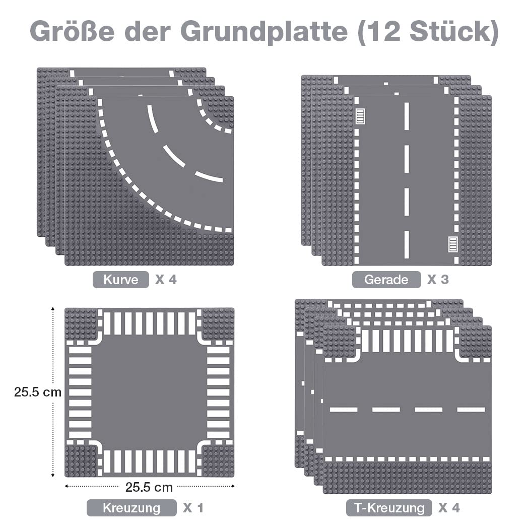 Set Strade Per Automobiline Lekebaby | 12 Piastre Base 25,5x25,5 Cm | 4 Curve, 4 T-Croce, 3 Rette, 1 Croce | Compatibile Con Le Maggiori Marche