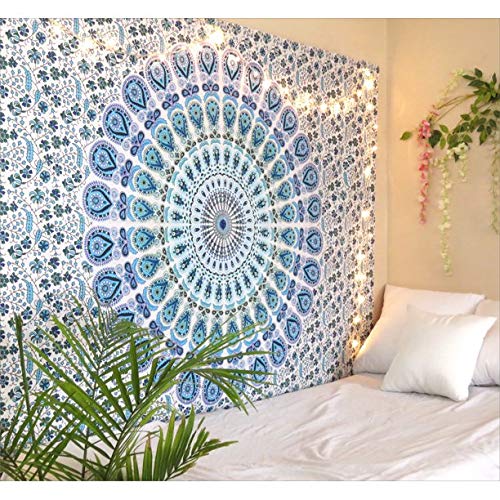 Raj Handicrafts Abstract Blue Twin Mandala Tapestry Wall Hanging Indian Cotton Tapestries Bedspread Picnic Beach Throw Blanket Wall Art Hippie Tapestry Bed Cover (Turquoise, Twin)