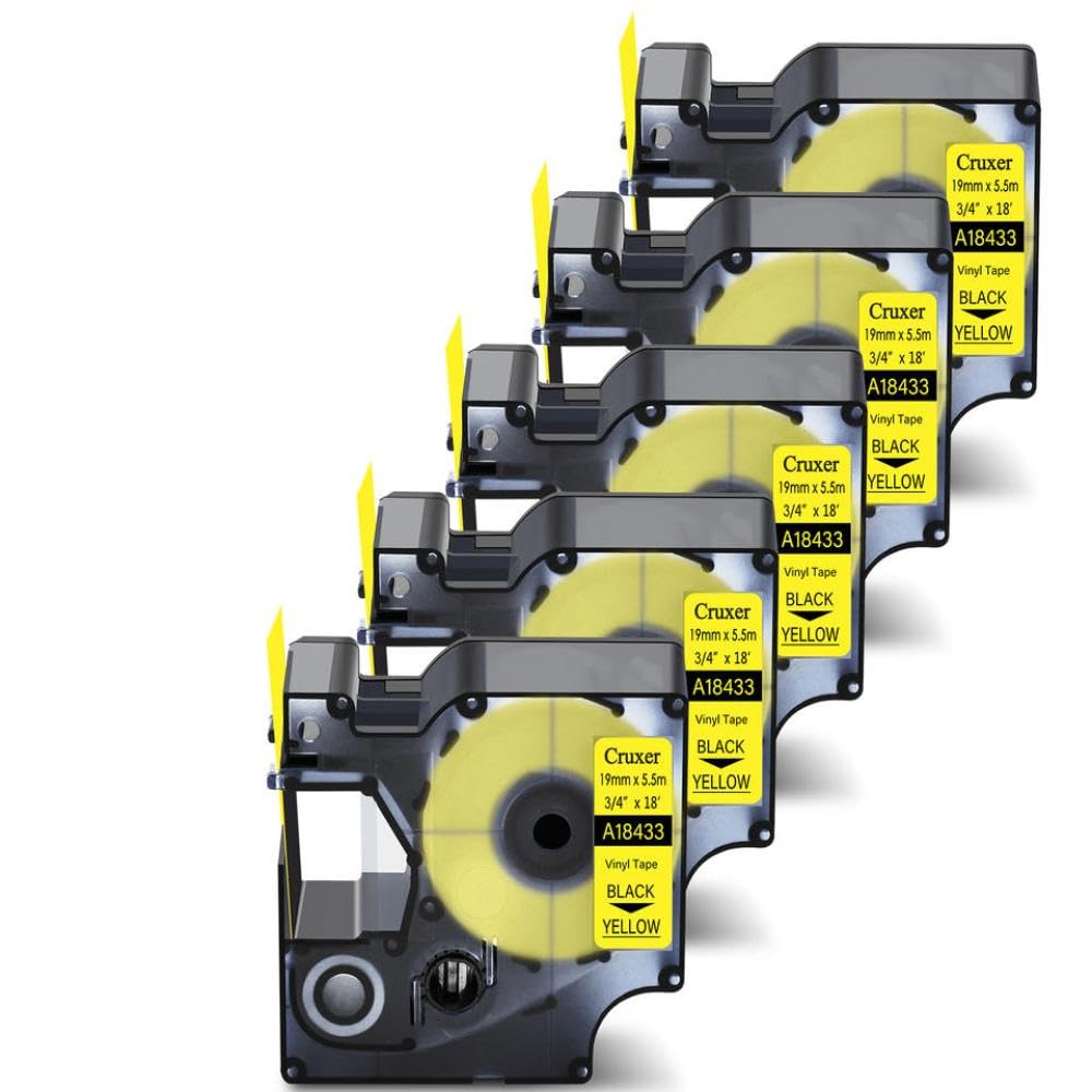 Paquet de 5 étiquettes IND 19mm 18433 Ruban d'étiquettes Noir sur Jaune Compatible avec Les imprimantes d'étiquettes 1000 5000 5200