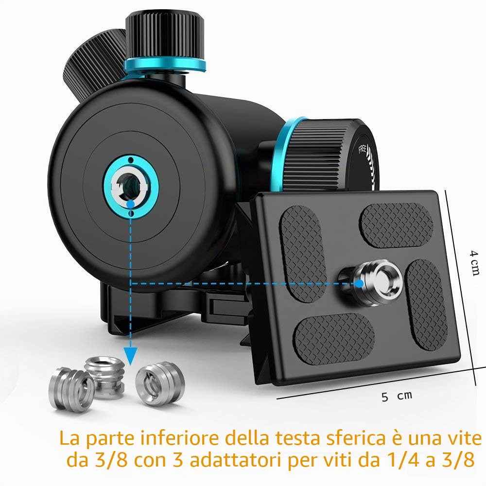 Andoer Testa a Sfera per Treppiede, Testa Treppiede Girevole a 360° con Piastra a Sgancio Rapido Viti 1/4" per Ttreppiede, Monopiede, Fotocamere DSLR, Carico max 8k