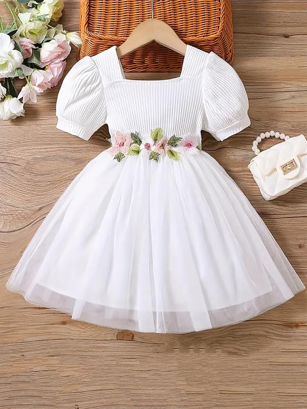 Image of Niren Enterprise Baby Girl Frock - Short Sleeve Embroidered Floral Dress with Belt, Square Neck, 1-Pack
