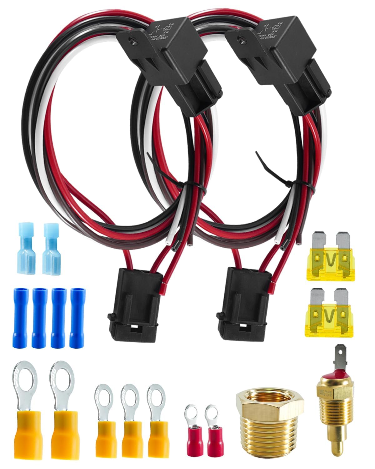 12V 40A Dual Electric Fan Relay Kit with Thermostat Switch 185F ON 175F Off, Radiator Cooling Fan Wiring Kit for 10"-16" Fans