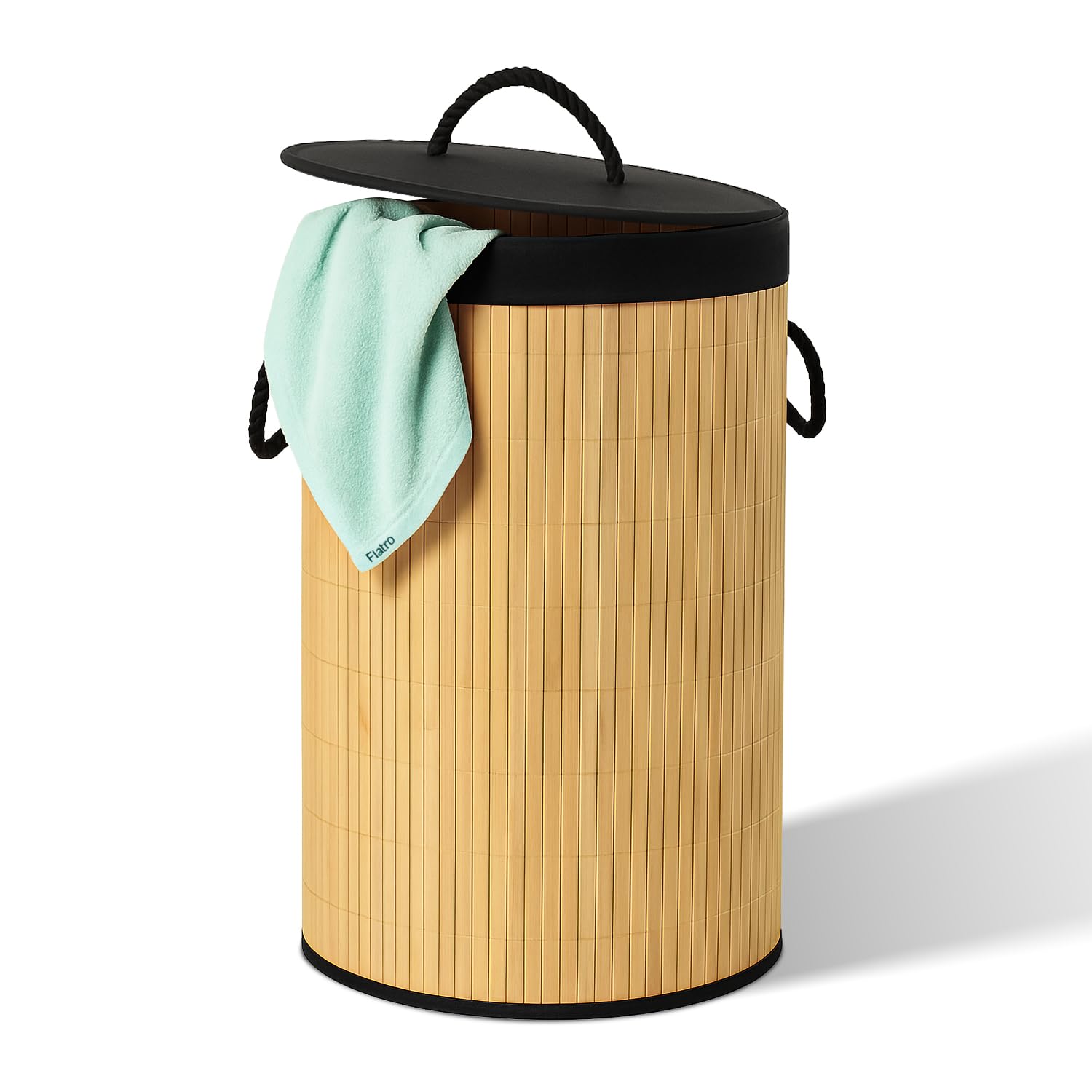 Flatro Natural Beige Bamboo Laundry Basket With Lid | 60L Large Collapsible Laundry Baskets | Foldable Corner Bamboo Washing Hamper | Clothes Laundry Hamper Basket With Removable & Machine-Washable Bag